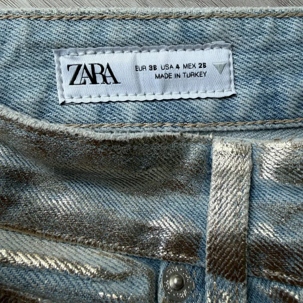 ZARA Gold Metallic Foil High Rise Straight Leg Jeans US 4 EU 36 Ref 6045/217 - Picture 4 of 11